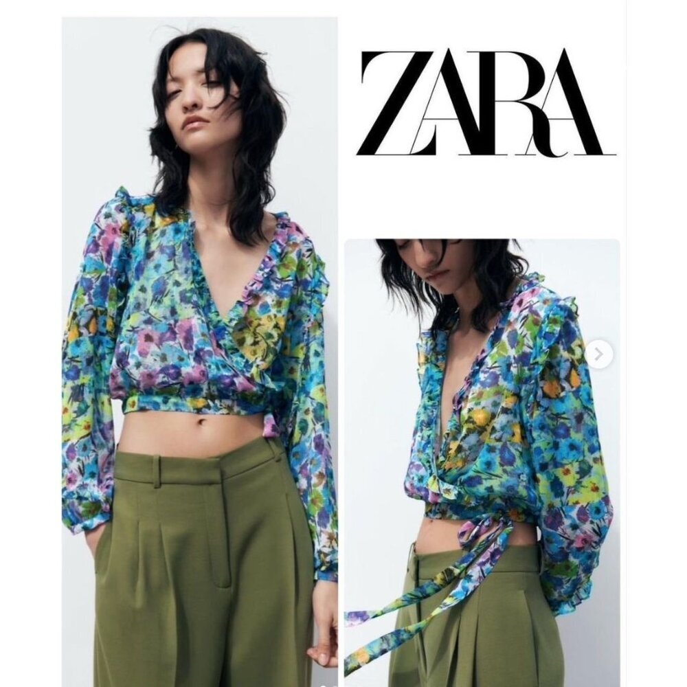 Zara Size XS Floral Print Sheer Faux Wrap Top Long Sleeves Ruffle Trim